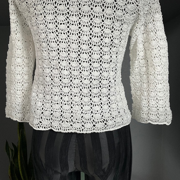 Handmade Knit Crochet Open Front Cardigan Sweater Boho White Silver Metallic S - Picture 7 of 8